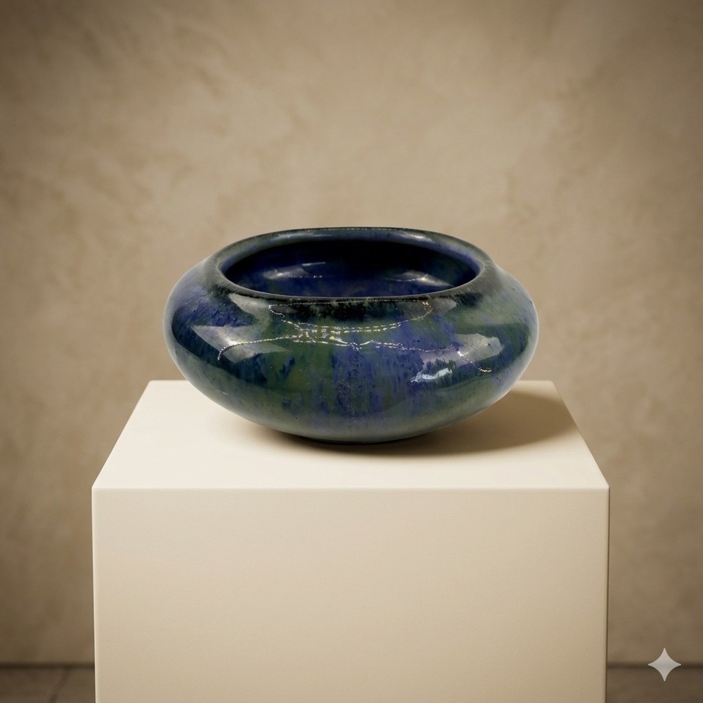 Antique Fulper Pottery Small Cobalt Blue Green Flambe Low Bowl Dish Signed 4"